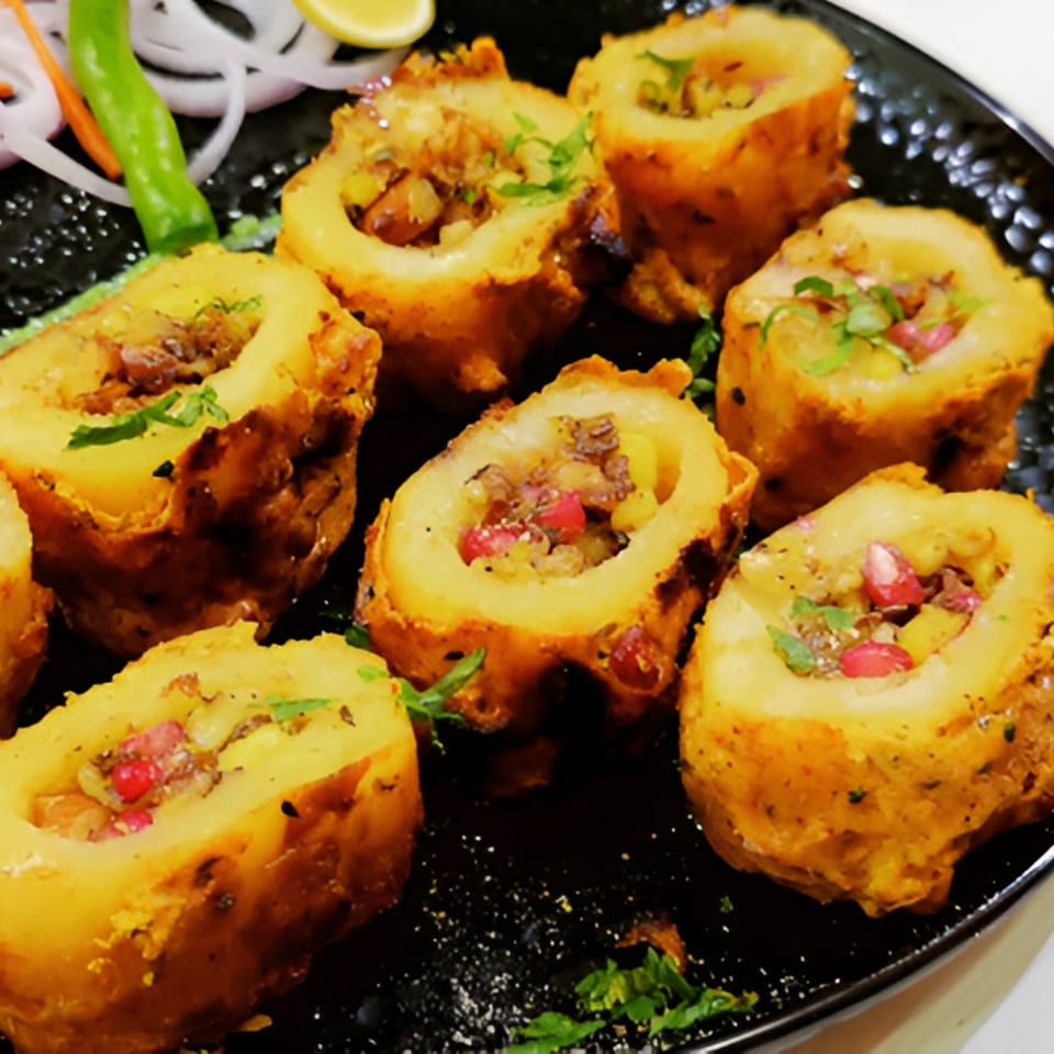 Close-up of stuffed potatoes garnished with pomegranate seeds and cilantro on a black plate.